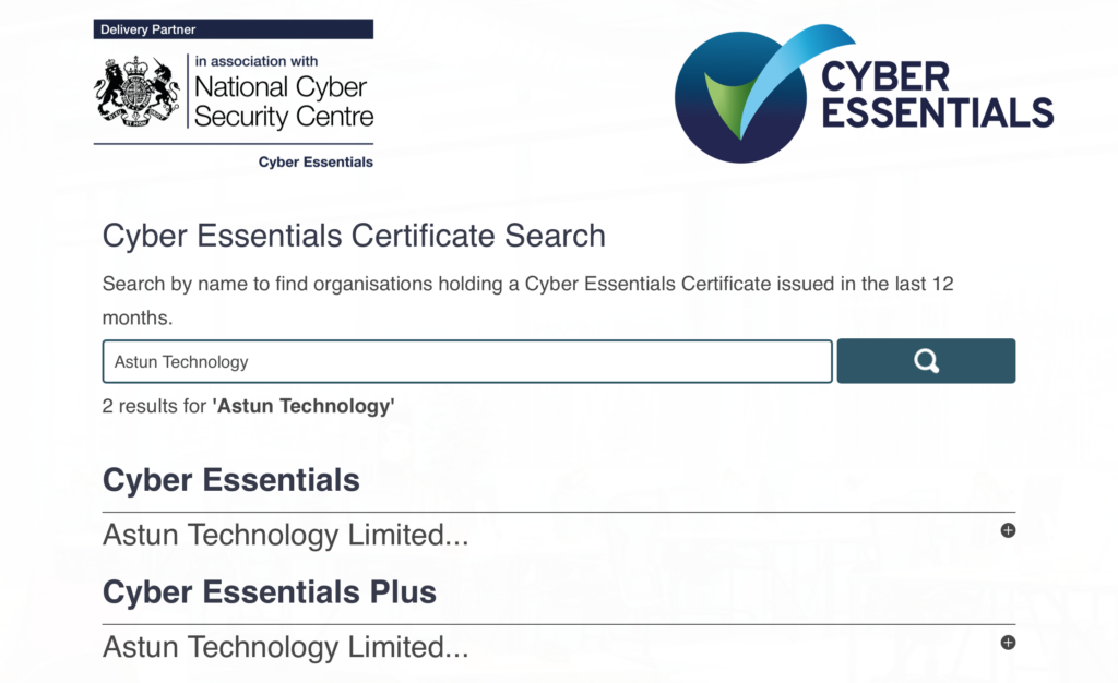 Screenshot of Astun Technology's Cyber Essentials listing on the IASME website